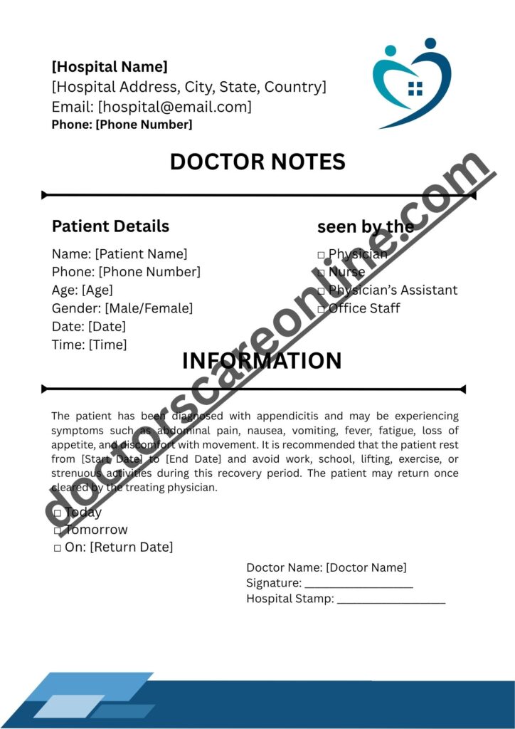 Doctors Note for Appendicitis - Surgery Leave Note