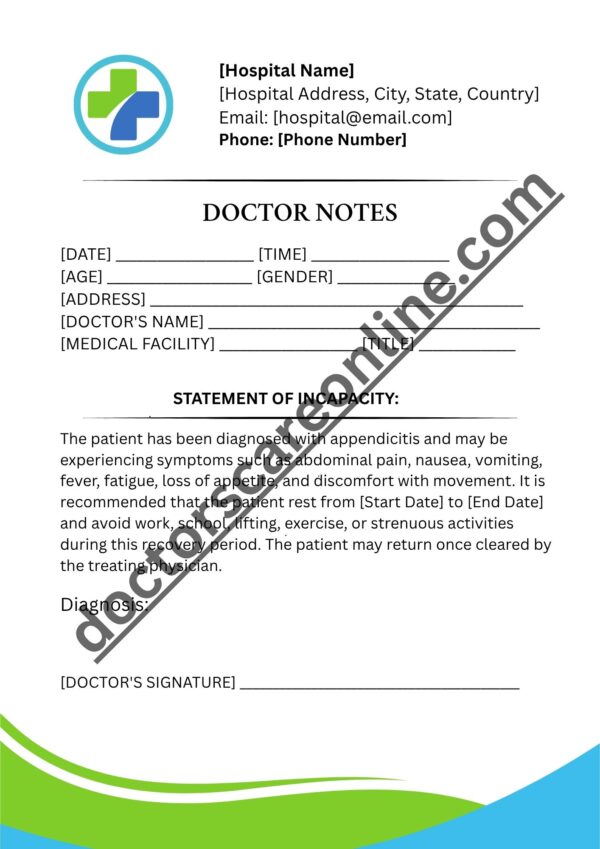 Doctors Note for Appendicitis - Surgery Leave Note