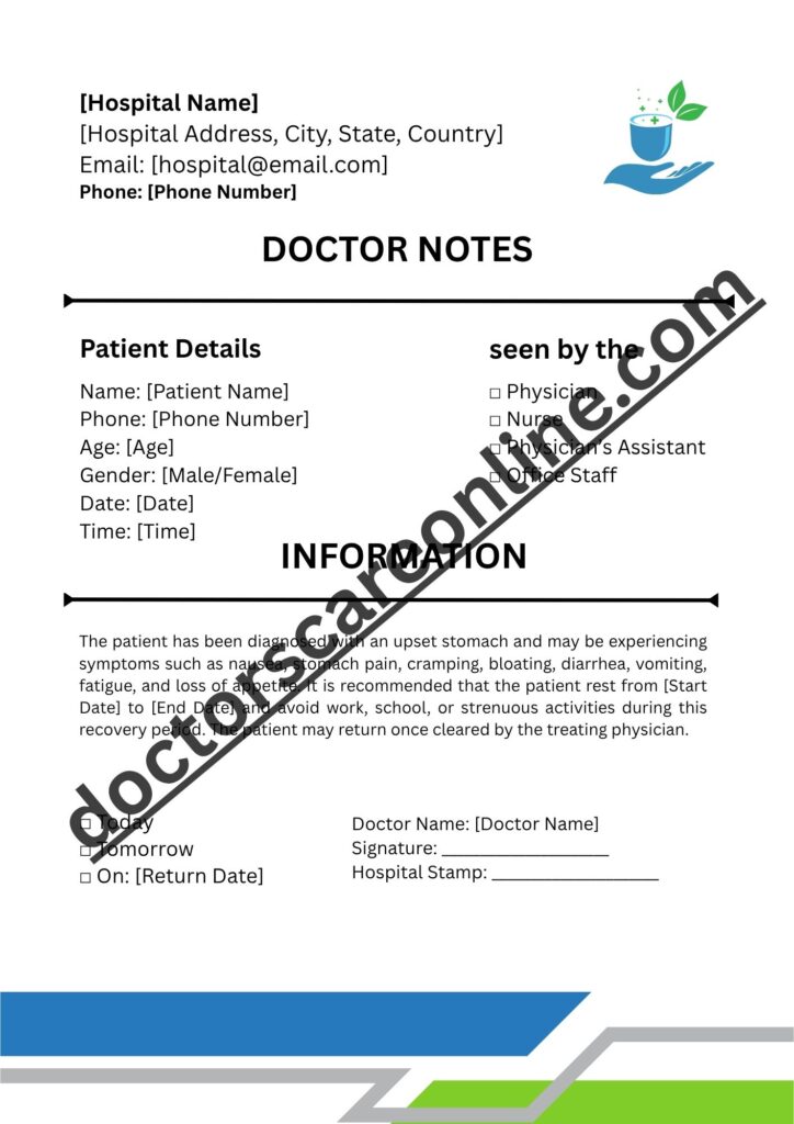 Upset Notes Doctors Note for Upset Stomach - Sick Leave Note