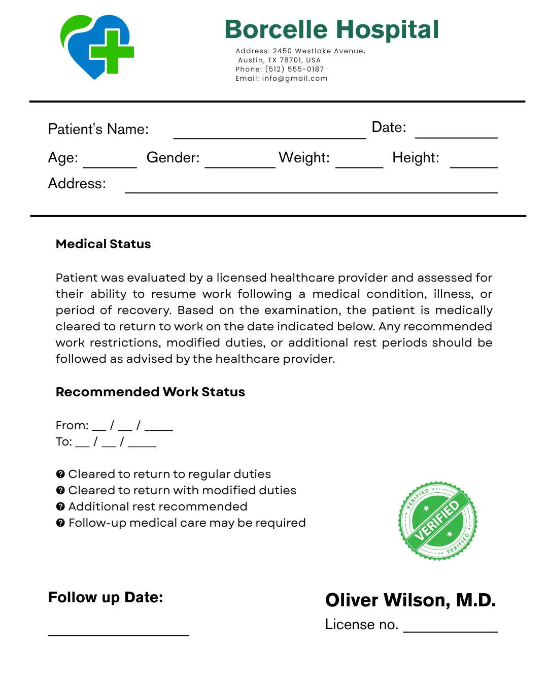 Return to Work Doctor’s Note