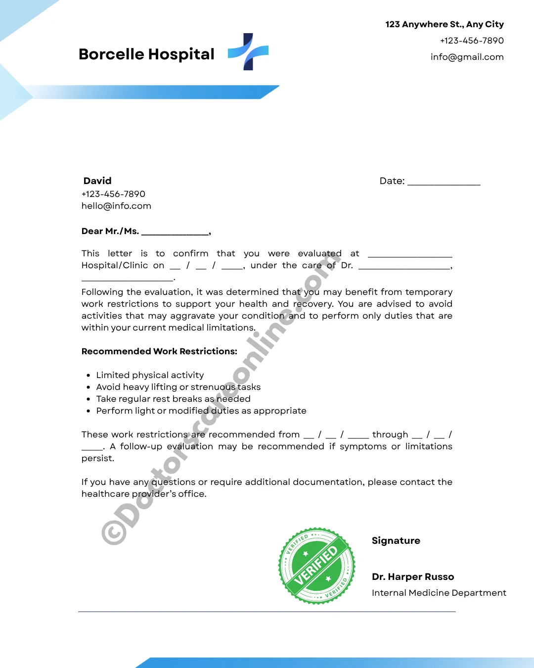 Doctors Note for Limited Work