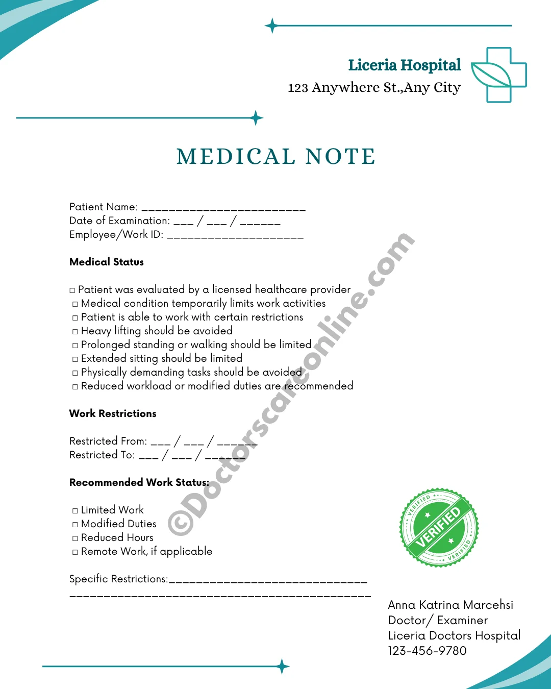 Doctors Note for Limited Work