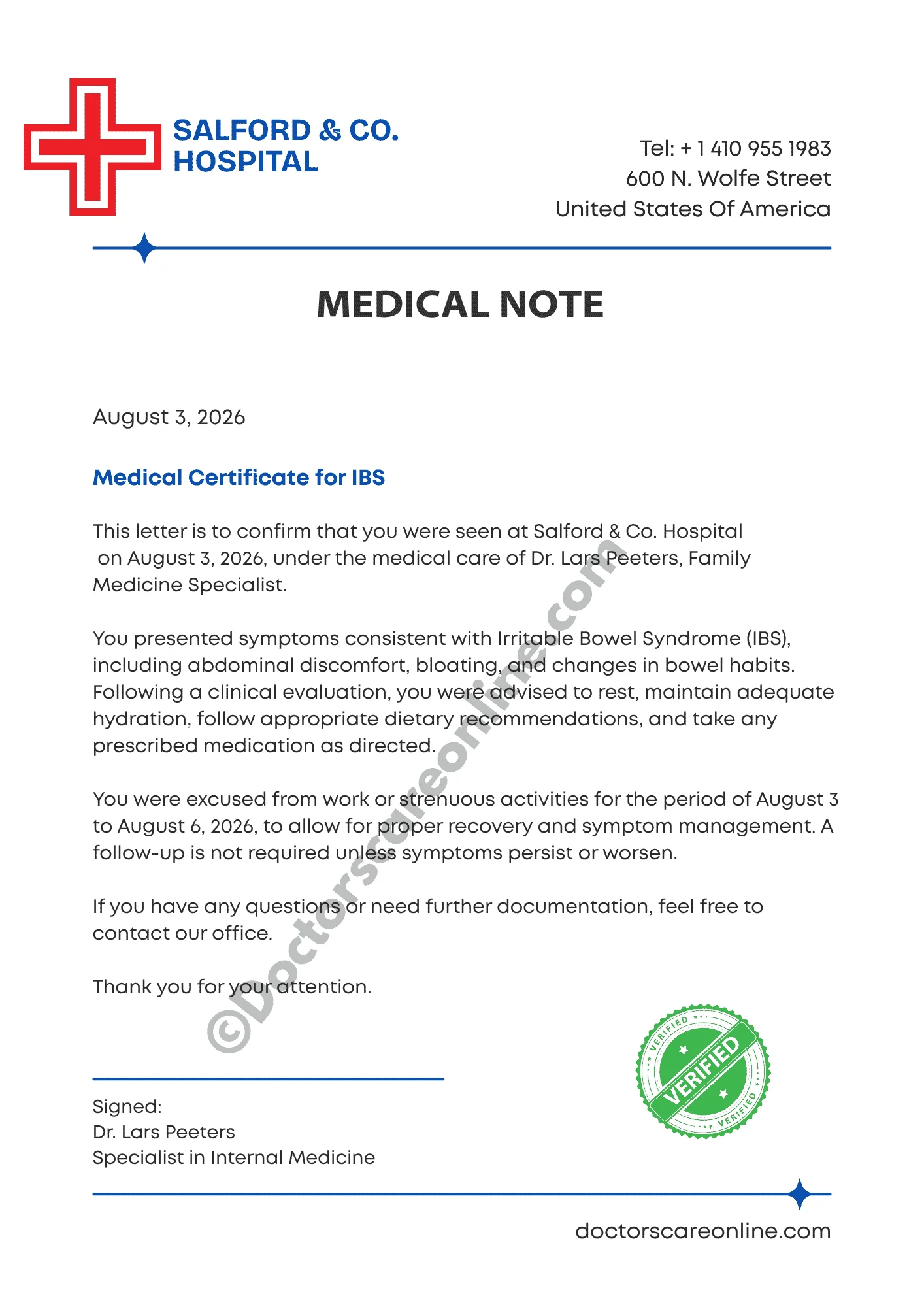 Doctors Note for IBS