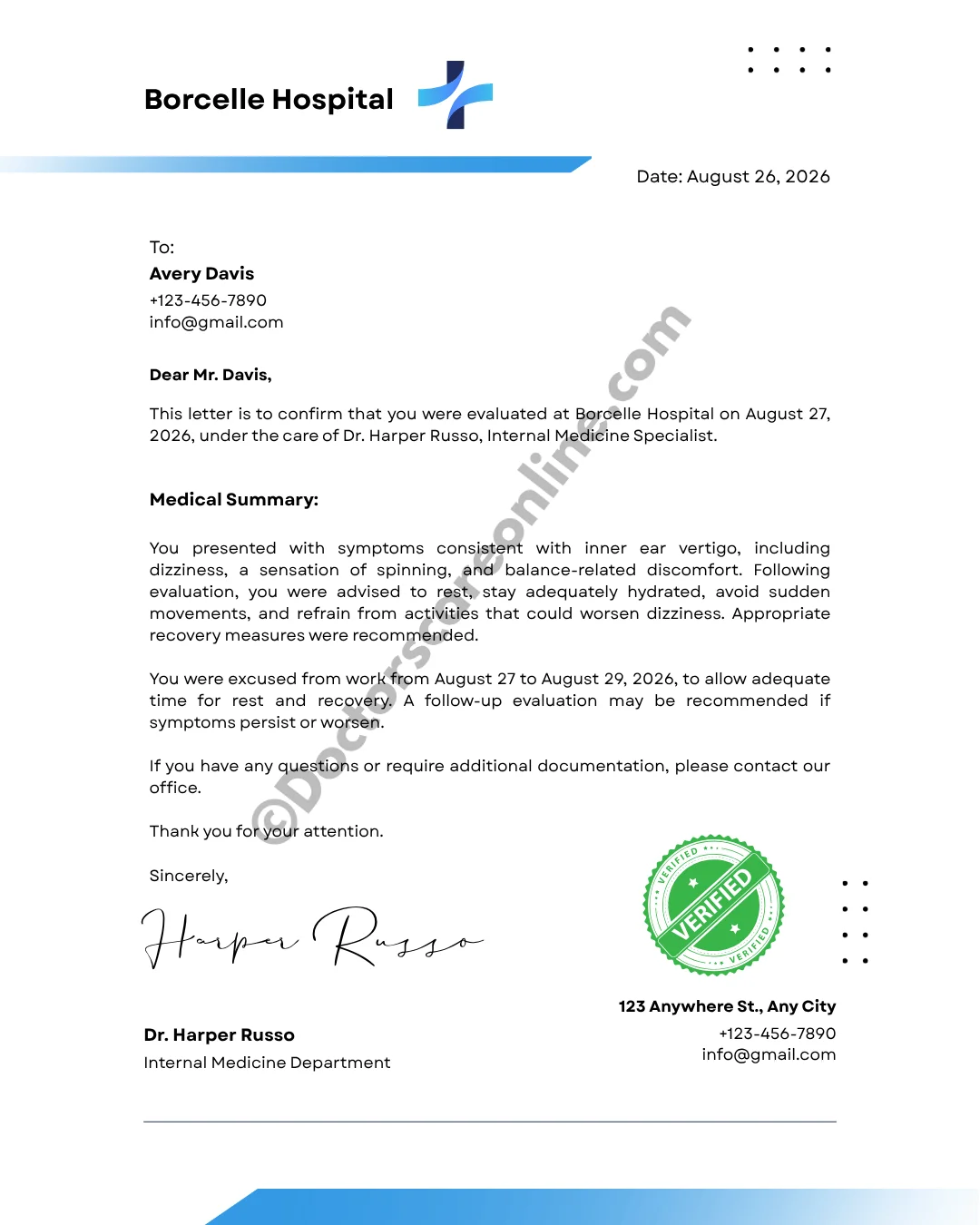 Doctor’s Note for Inner Ear Vertigo