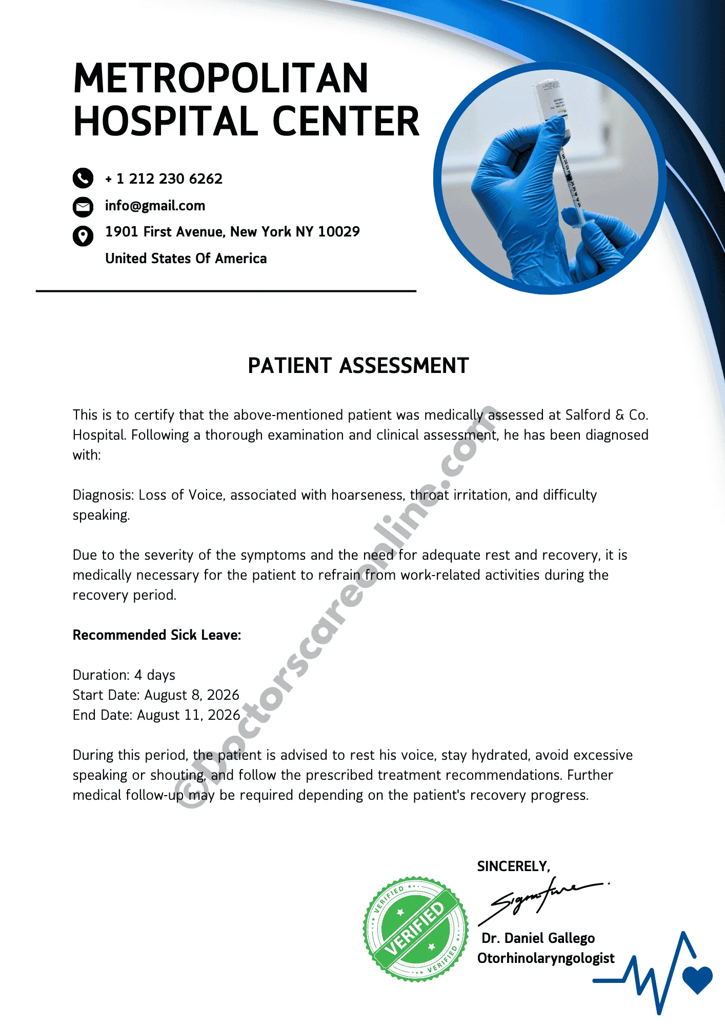 Doctor's Note for Loss of Voice
