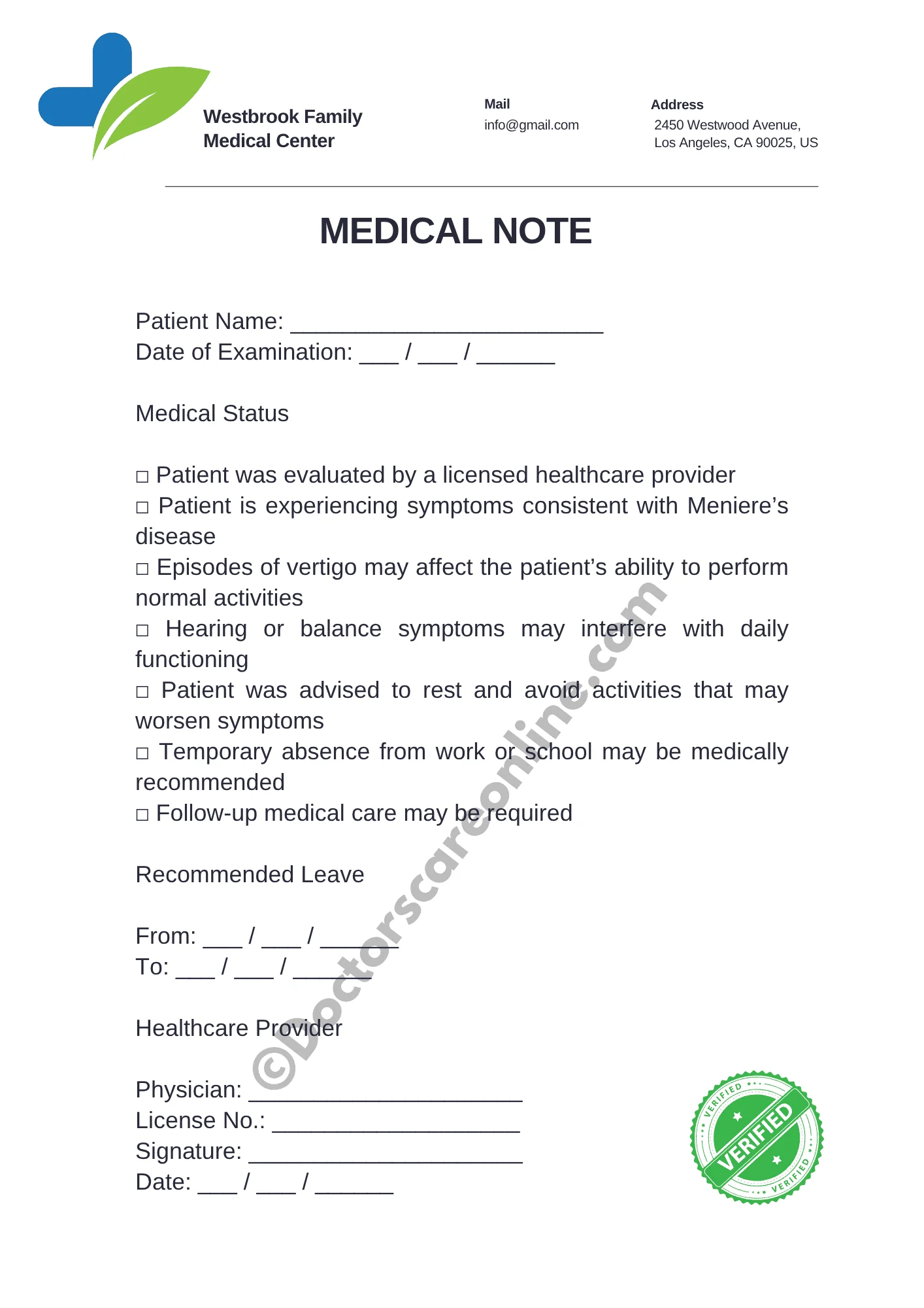 Doctor’s Note for Meniere’s Disease