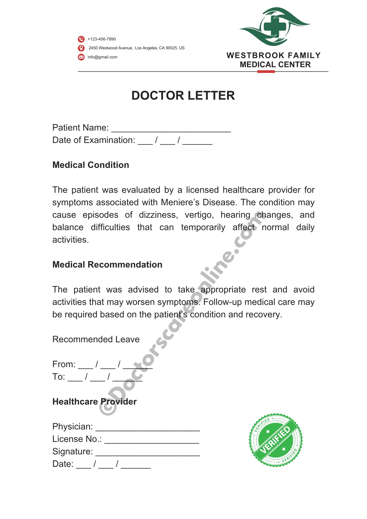 Doctor’s Note for Meniere’s Disease