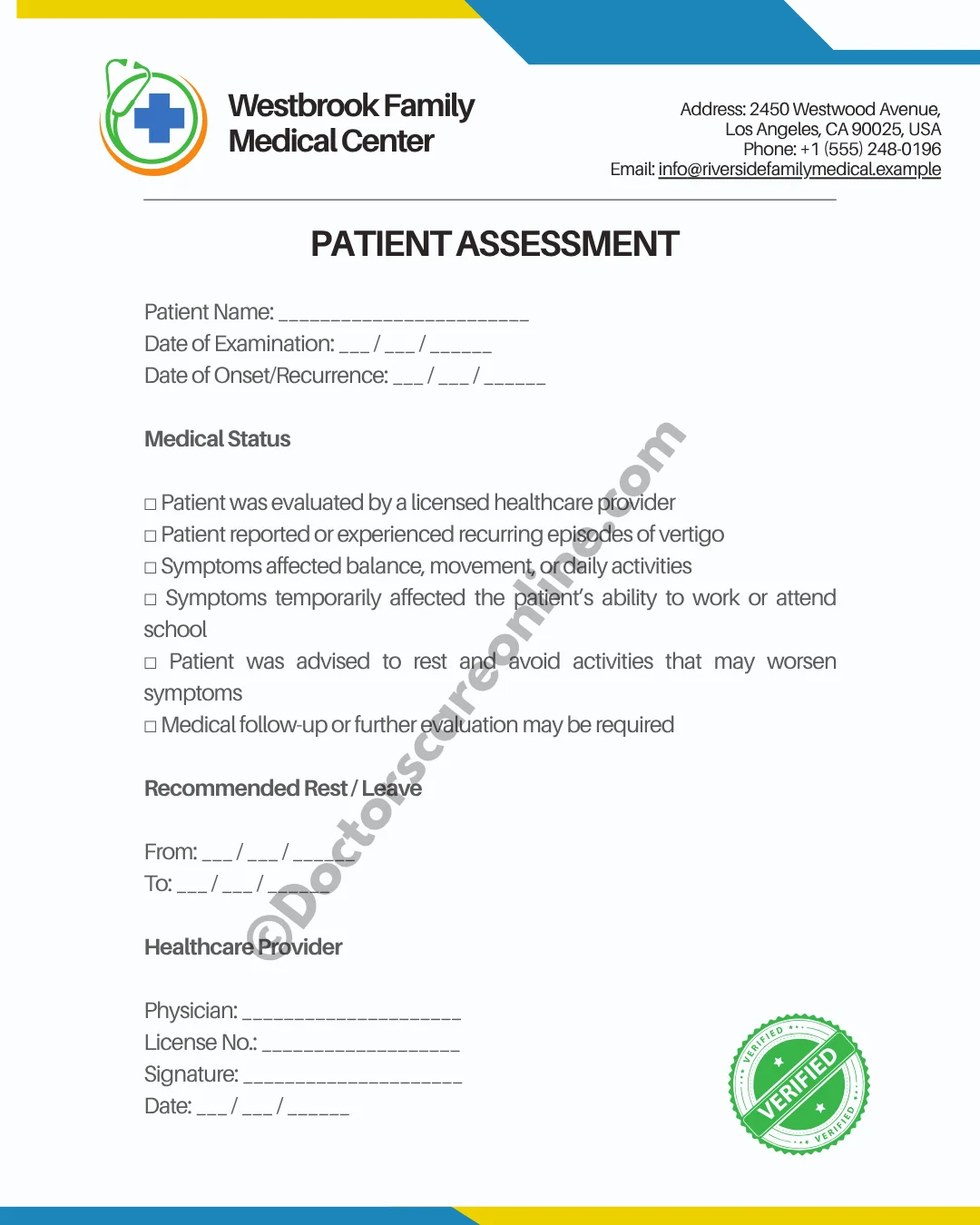 Doctor’s Note for Recurring Vertigo