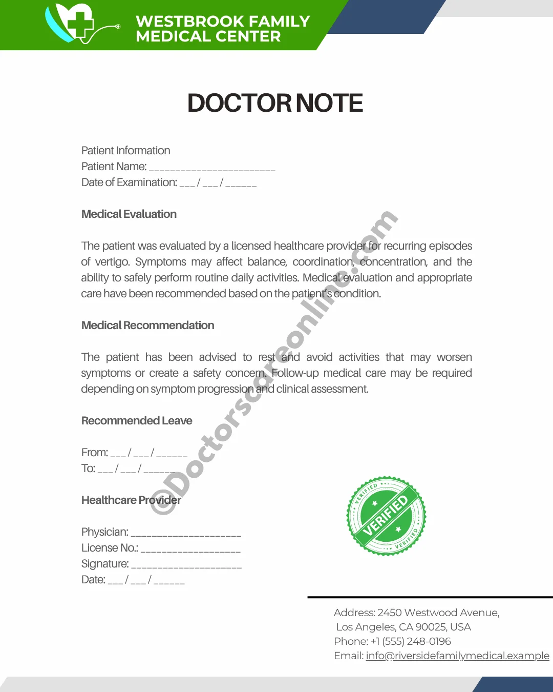 Doctor’s Note for Recurring Vertigo