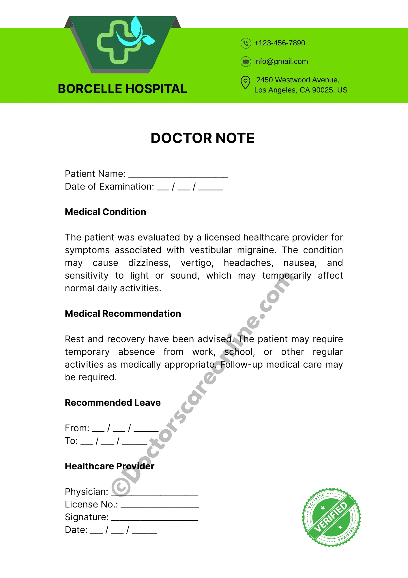 Doctor’s Note for Vestibular Migraine